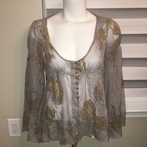 LaRok purple and gold size xs SHEER PRINT top. NWOT